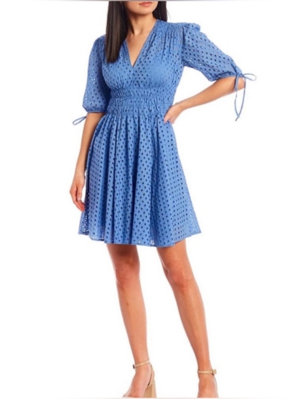 TAYLOR Sz 16 ~TIE SLEEVES V-NECK SMOCKED WAIST 100% COTTON EYELET DRESS SKY BLUE